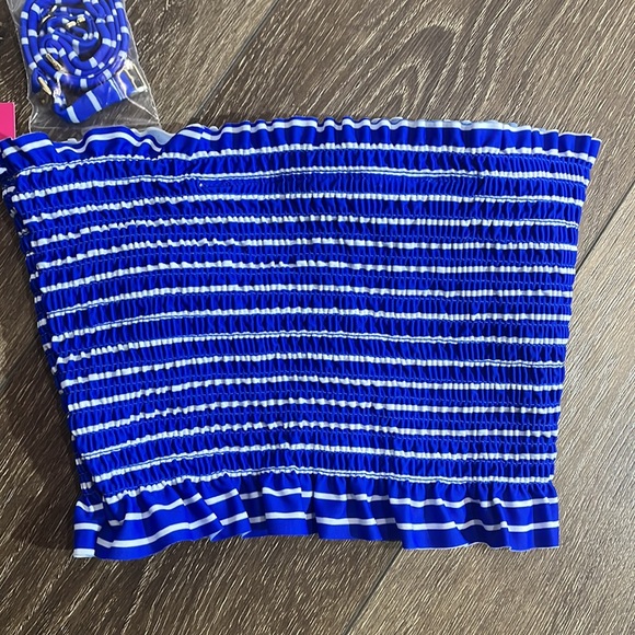 Juniors' Xhilaration Smocked Bandeau Bikini Top Blue Stripe Small bandeau swim - Picture 5 of 8